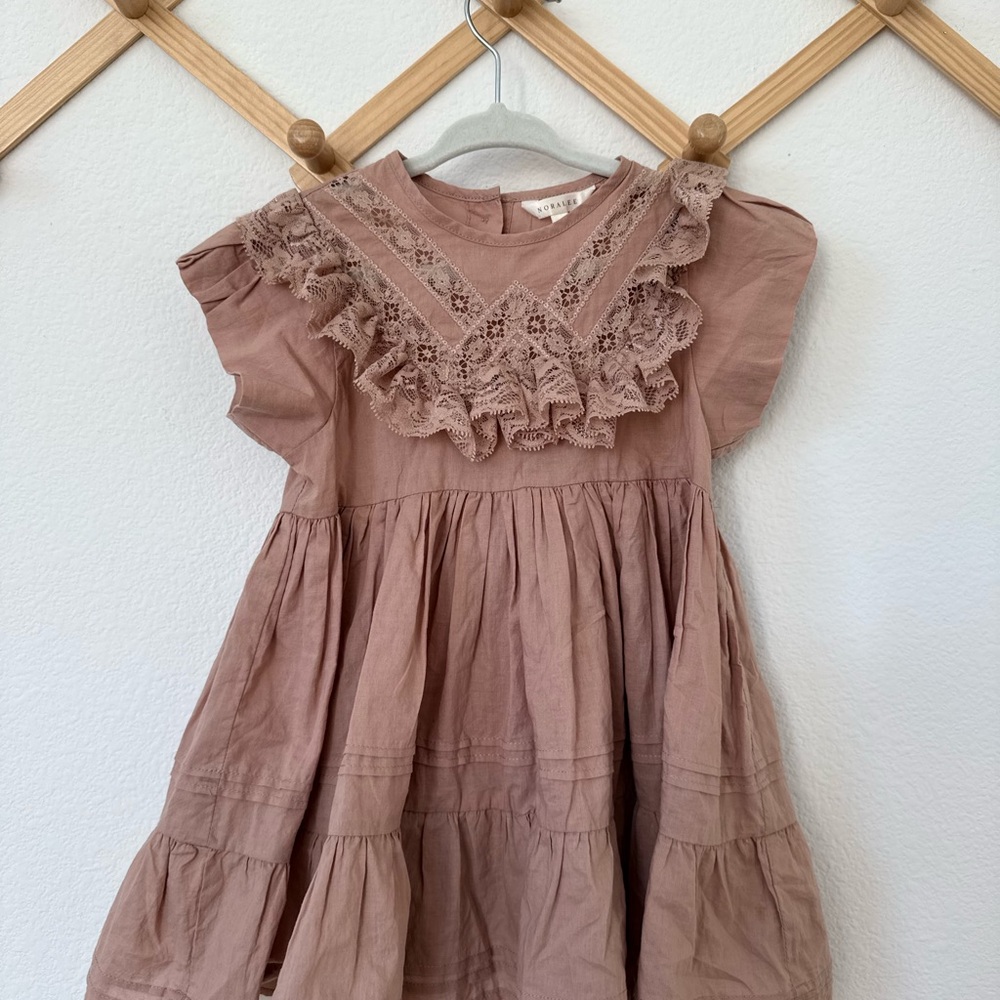 Girls Dusty Rose Lace Ruffle Cotton Dress by Molo